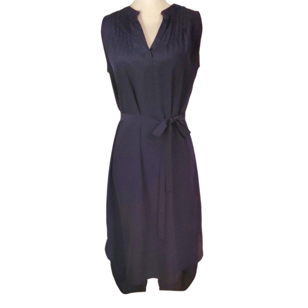 White House Black Market  Navy Blue Sleeveless Shirt Dress Curved Hem Size M